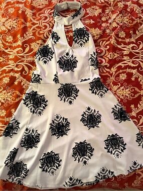 White Halter Skater Dress with Black Damask Print